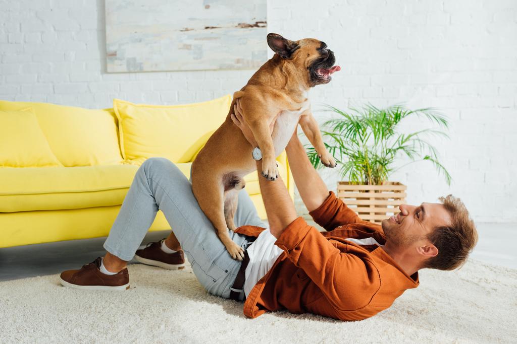 Vista lateral del hombre jugando con bulldog francés en la alfombra en casa
 - Foto, Imagen