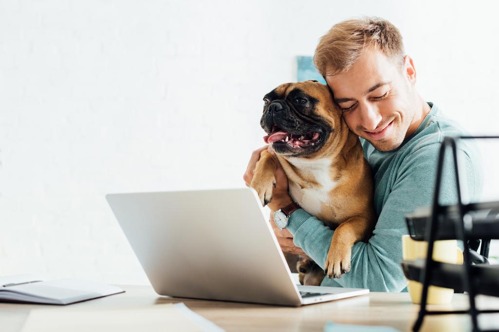 Lächelnder Mann umarmt französische Bulldogge bei der Arbeit am Laptop - Foto, Bild