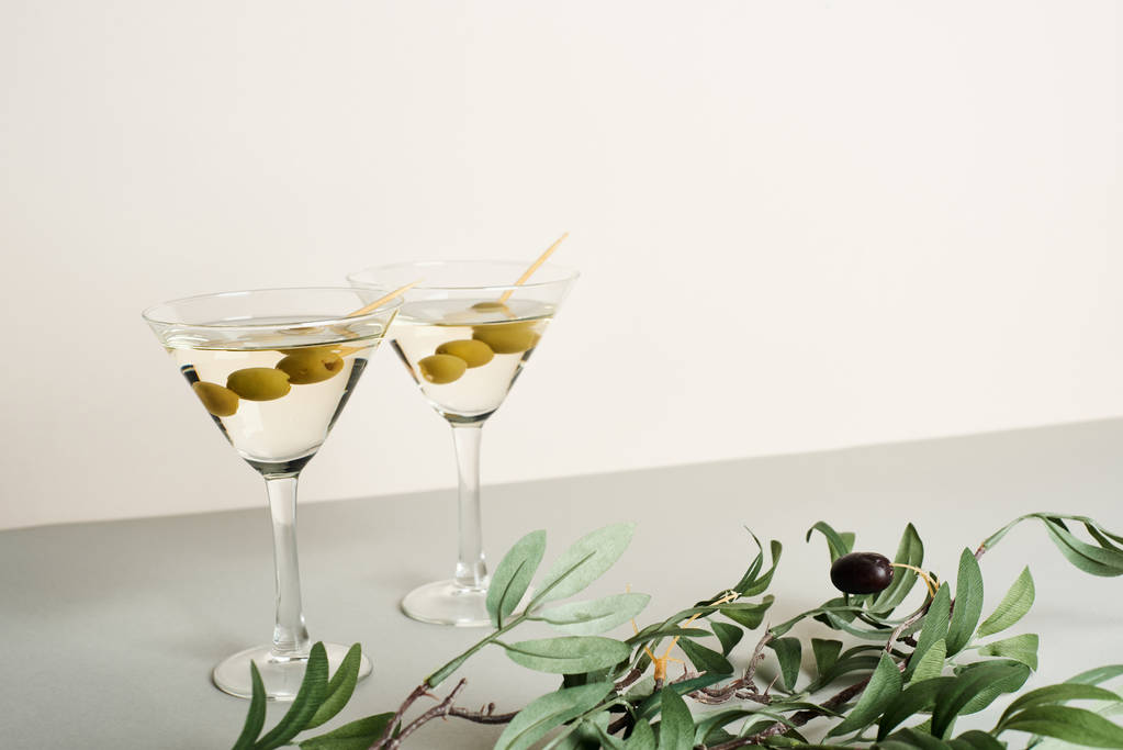 Gri yüzeyde zeytin dalı olan martini bardaklarındaki kokteyller, beyaz üzerine izole edilmiş. - Fotoğraf, Görsel