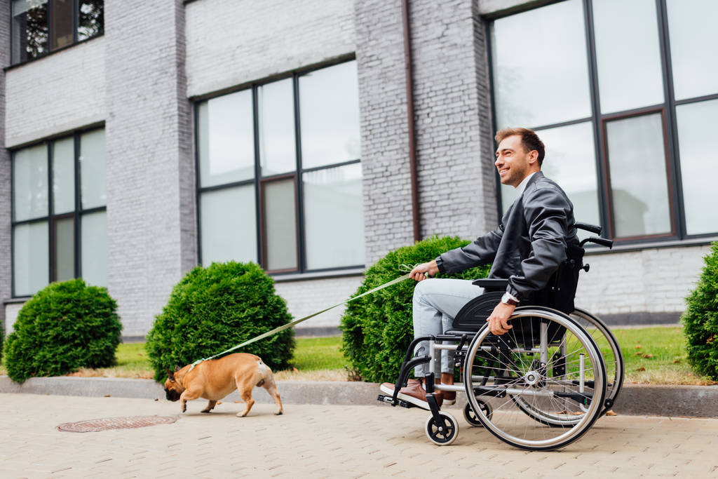 Lachende gehandicapte man lopen met franse bulldog aan de leiband op stedelijke straat - Foto, afbeelding