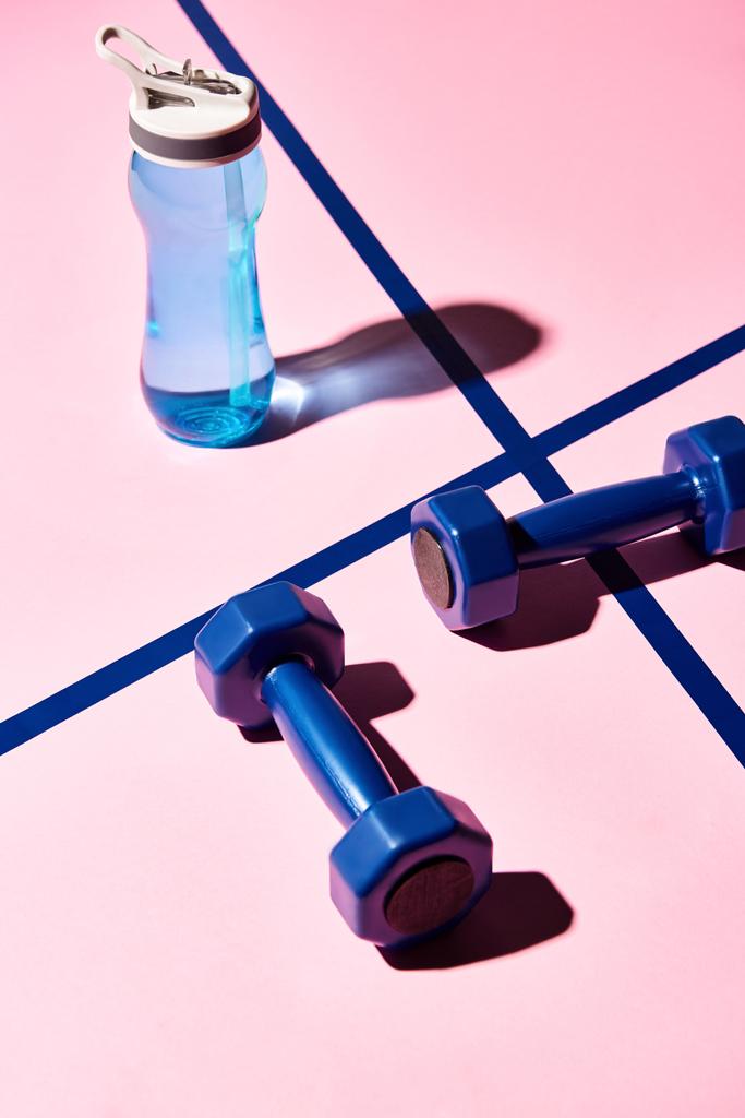 Hoge hoek uitzicht van halters en water fles op roze achtergrond - Foto, afbeelding
