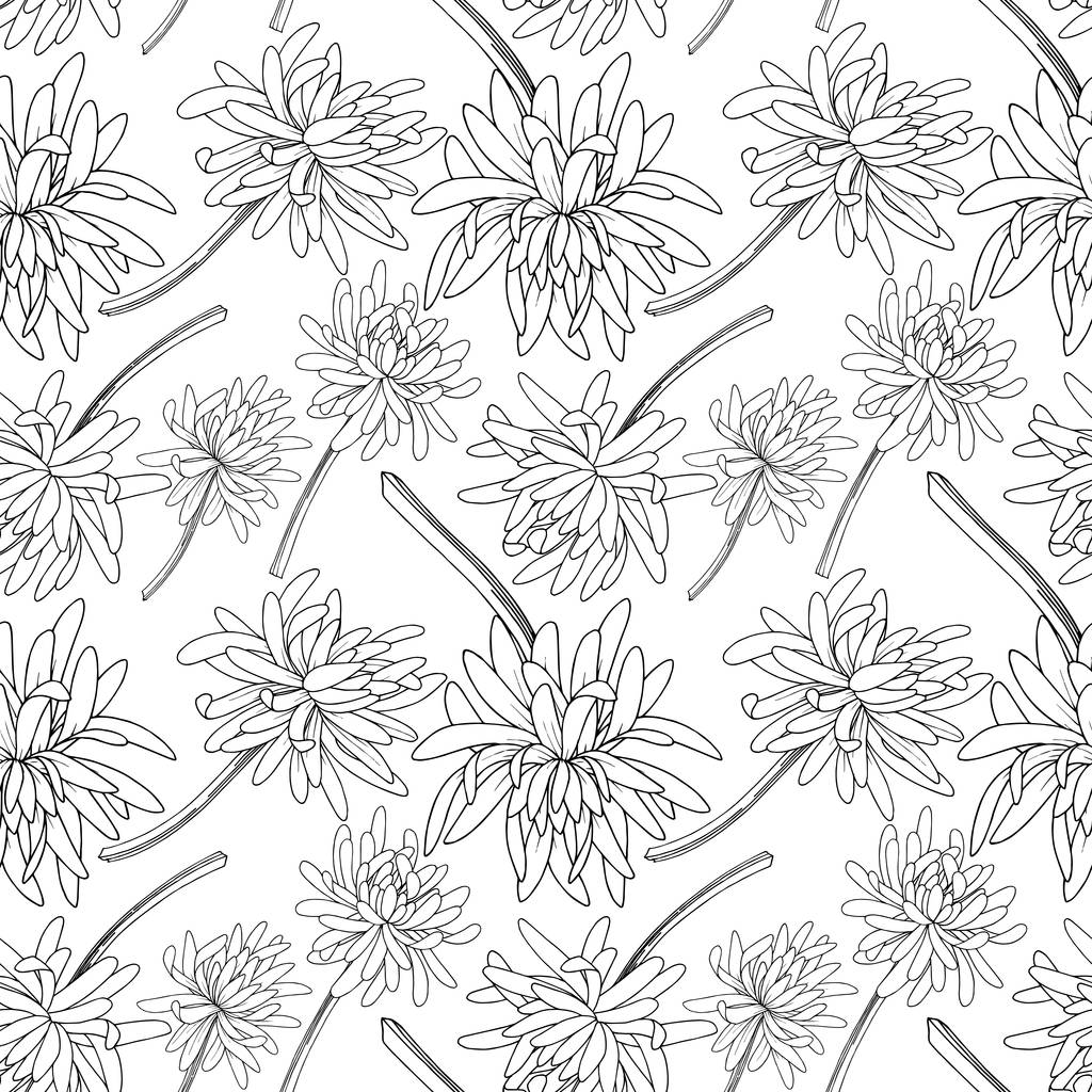 ベクトル菊の花植物の花。黒と白の刻まインクアート。シームレスな背景パターン. - ベクター画像