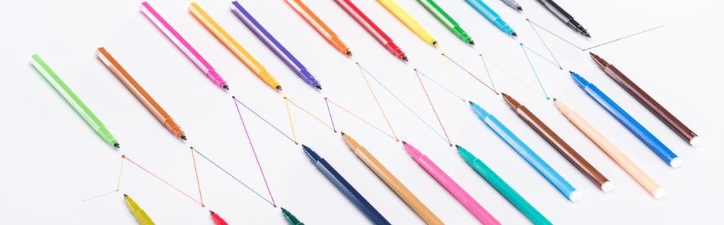 panoramic shot of felt-tip pens on white background with connected drawn lines, connection and communication concept - Photo, Image