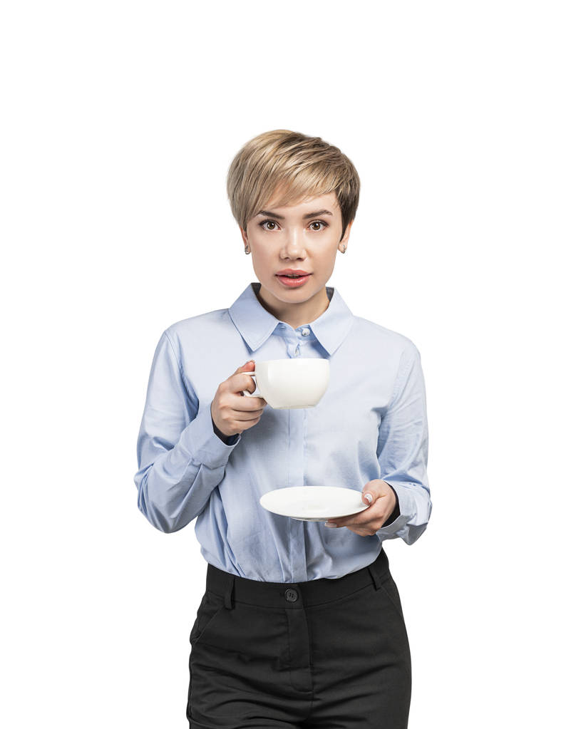 Femme d'affaires sérieuse avec café, isolée
 - Photo, image