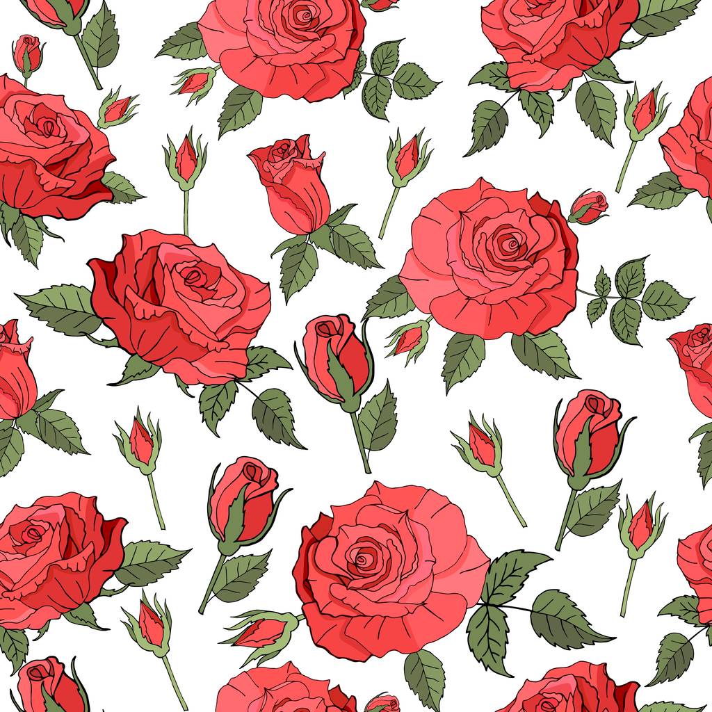 pattern of red roses and green leaves on white - Photo, Image