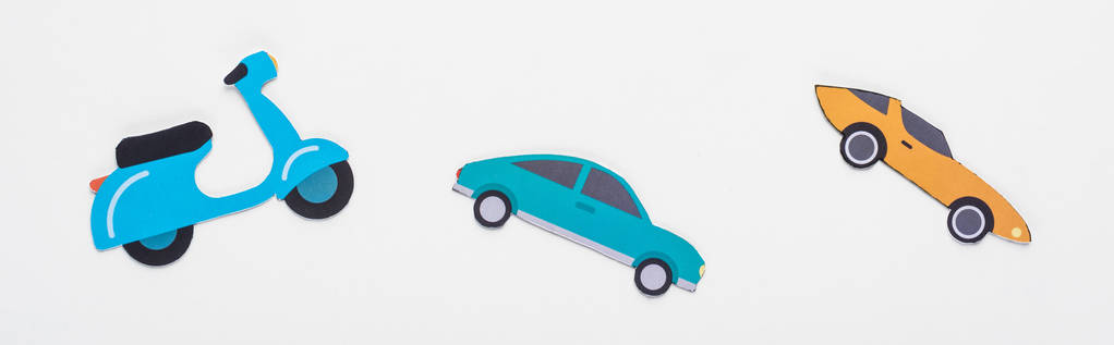 top view of paper cut vehicles on white background, panoramic shot - Photo, Image