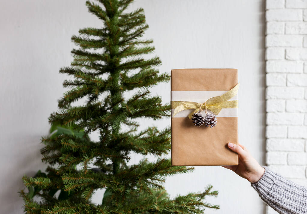 Hediye kutusu kadının elinde ve Noel ağacı arkasında. - Fotoğraf, Görsel