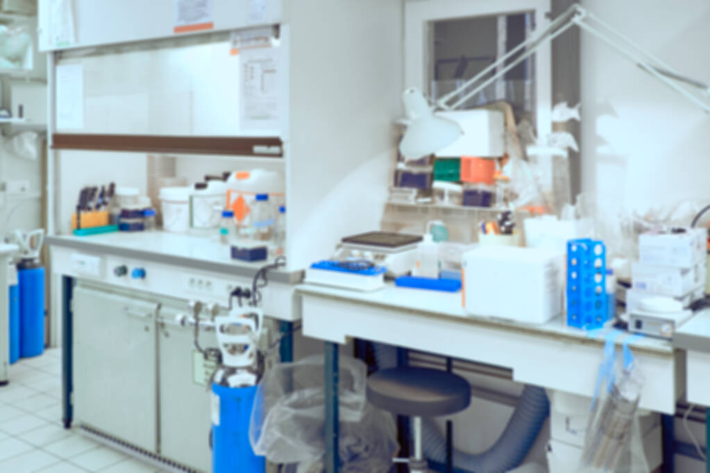Scientific background: modern laboratory interior out of focus, toned image, text space. This is blurred background without any focal point. - Photo, Image