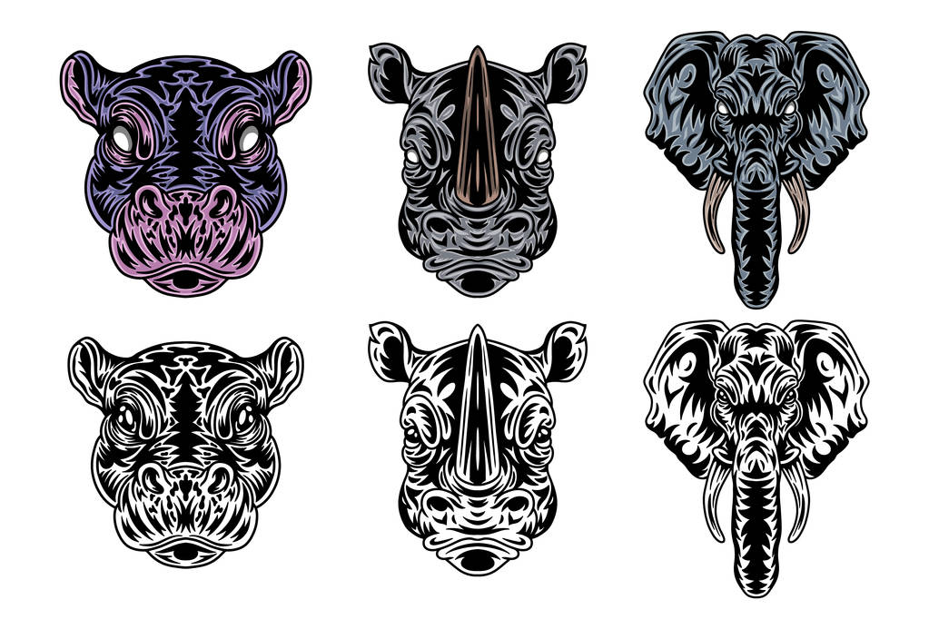 Viso animale ippopotamo, rinoceronte, elefante vintage in stile retrò. Illustrazione vettoriale isolata su sfondo bianco. Elemento di design
. - Vettoriali, immagini