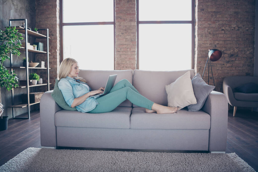 Profile side view portrait of her she nice attractive lovely wavy-haired lady lying on divan using laptop buying stuff international delivery order at industrial loft style interior room - Photo, Image