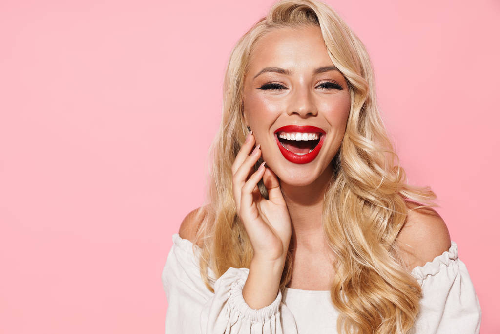 Image closeup of happy beautiful woman wearing red lipstick laug - Photo, Image