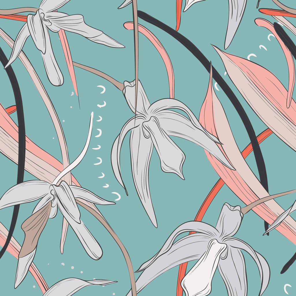 Fleurs floraison d'orchidées colorées dessinées à la main botanique floral et feuilles motif vectoriel sans couture sur fond de corail bleu frais d'été. Art botanique des feuilles
 - Vecteur, image
