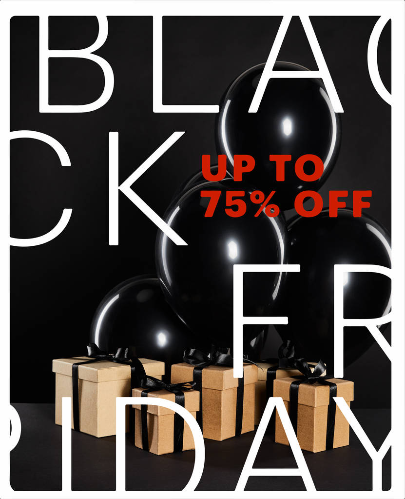 bunch of black balloons and gift boxes isolated on black with black Friday, up to 75 percent illustration - Photo, Image