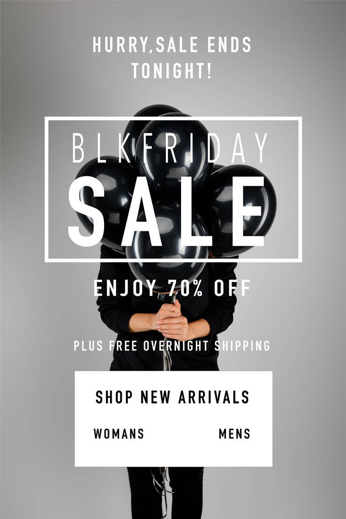woman with obscure face holding bunch of black balloons isolated on grey with black Friday illustration - Photo, Image