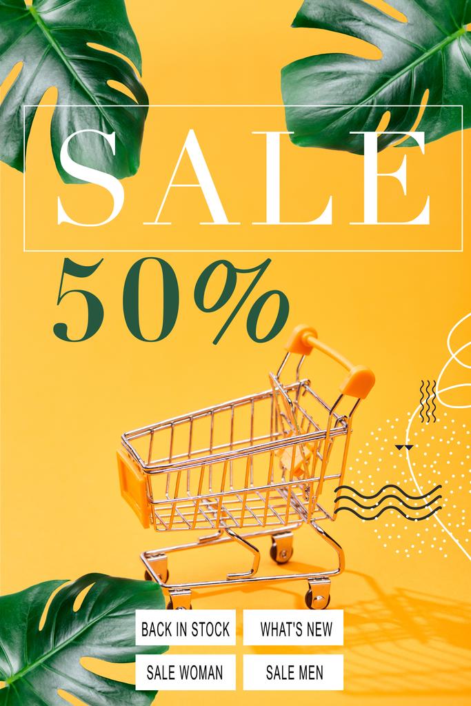 vazio carrinho de compras pequeno no fundo laranja brilhante com venda 50 por cento fora ilustração
 - Foto, Imagem