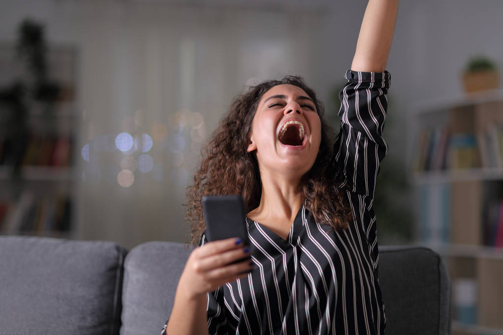 Excitada mulher elegante segurando telefone inteligente em casa
 - Foto, Imagem