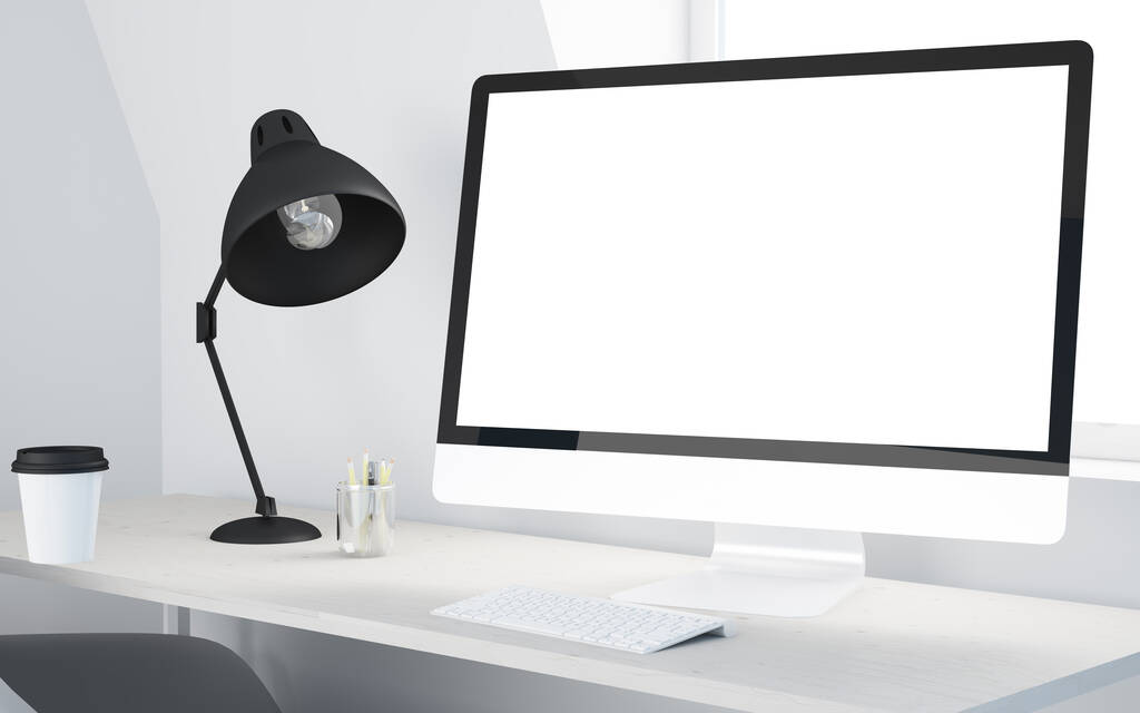minimaler Desktop mit Computer-Mock-up 3D-Rendering - Foto, Bild