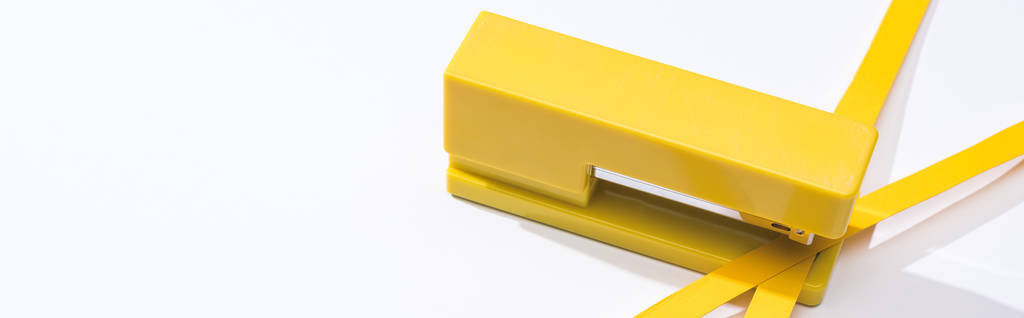 panoramic shot of stapler and paper strips on white background  - 写真・画像