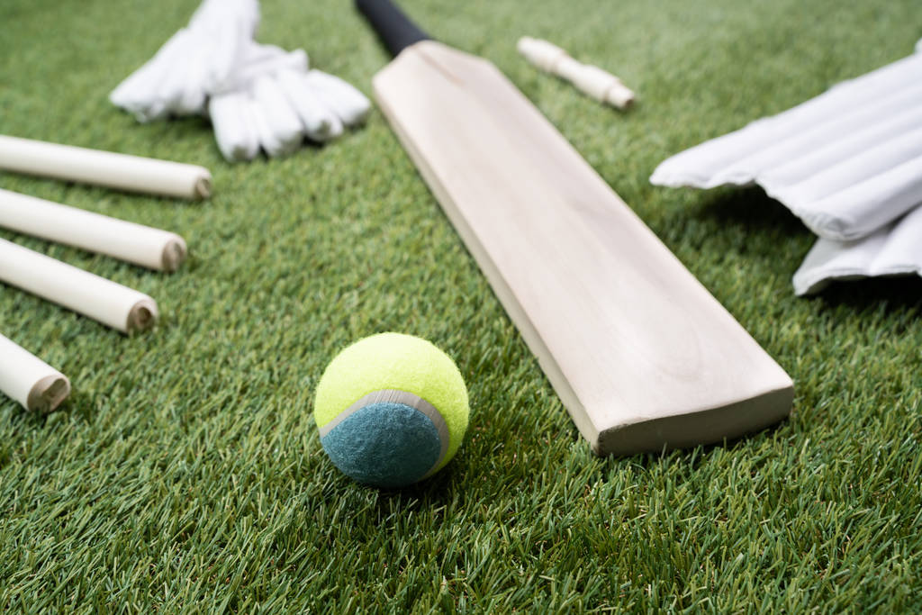 Nahaufnahme von hölzernem Cricketschläger und Ball auf Rasenrasen - Foto, Bild