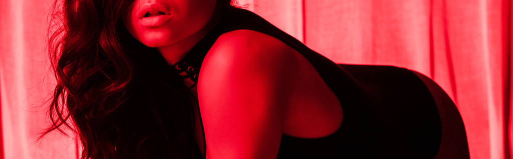 обрезанный вид красивой сексуальной девушки позирует в красном свете, панорамный снимок
 - Фото, изображение