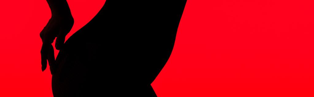 panoramisch shot van zwart silhouet van billen van gepassioneerde vrouw, geïsoleerd op rood - Foto, afbeelding