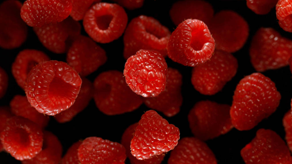 Freeze motion of flying group of raspberries fruit. - Fotoğraf, Görsel