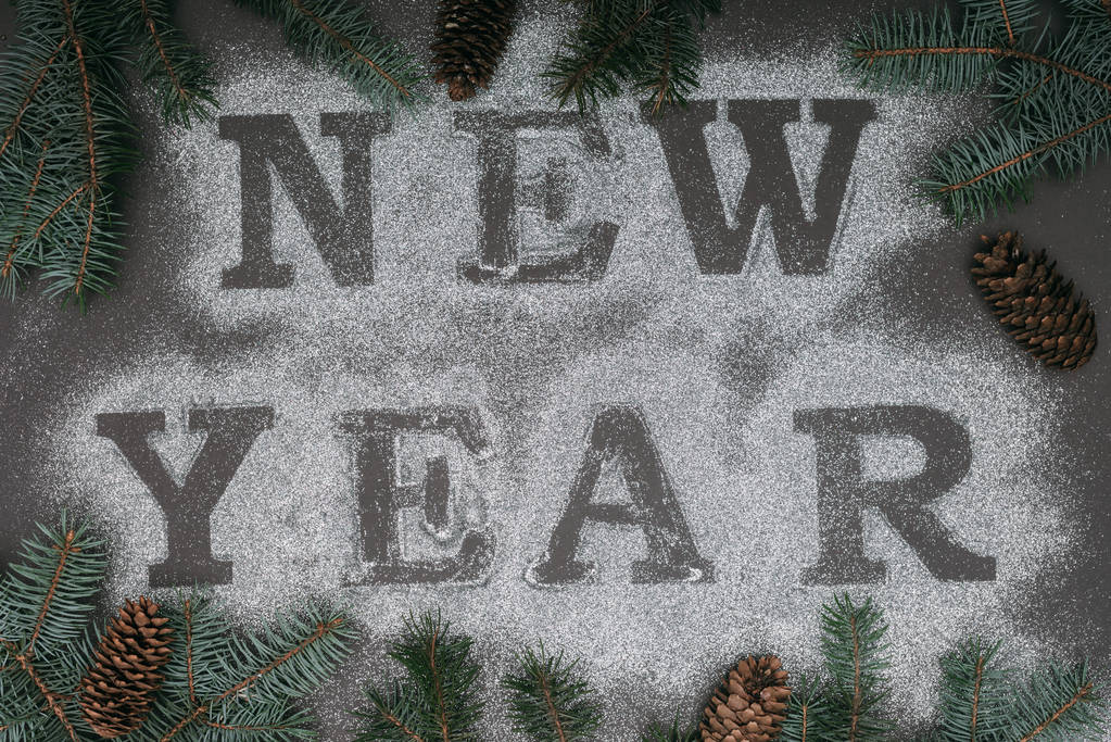 widok z góry na Nowy Rok liternictwo w ramach gałęzi świerkowych i szyszki sosnowe - Zdjęcie, obraz