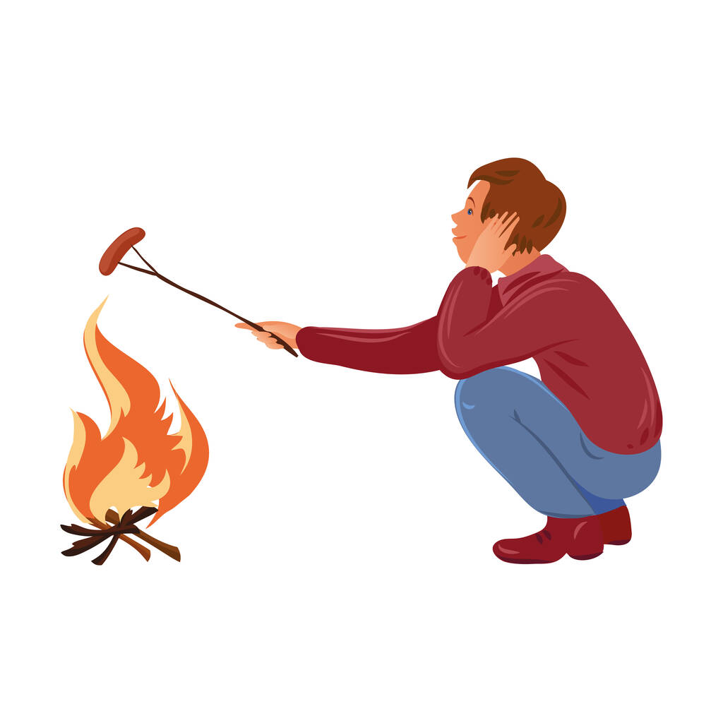 braunhaariger Camper-Junge im Pullover, der über dem Lagerfeuer Wurst brutzelt. Vektorillustration im flachen Cartoon-Stil. - Vektor, Bild