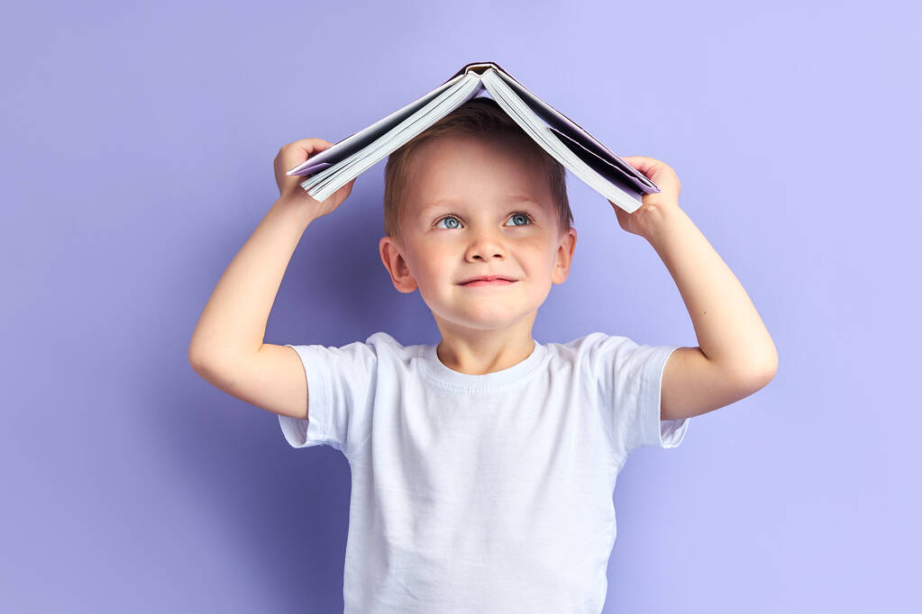 Niño juguetón sosteniendo libro por encima de la cabeza
 - Foto, Imagen