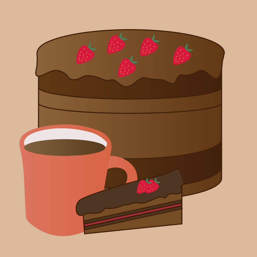 Клубничный торт, кусочек и чашку кофе.
 - Вектор,изображение