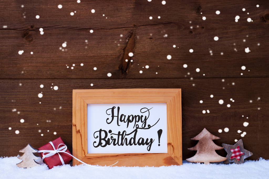 Rahmen, Geschenk, Baum, Schneeflocken, Kalligraphie alles Gute zum Geburtstag - Foto, Bild