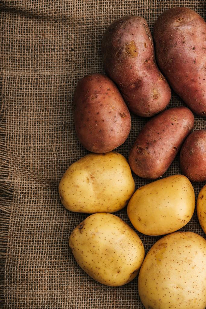 vrchní pohled na organické syrové brambory na hnědém rustikálním pytlovině - Fotografie, Obrázek