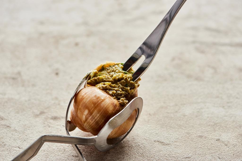Nahaufnahme von köstlichen Gourmet-Escargot mit Pinzette auf Steinhintergrund - Foto, Bild