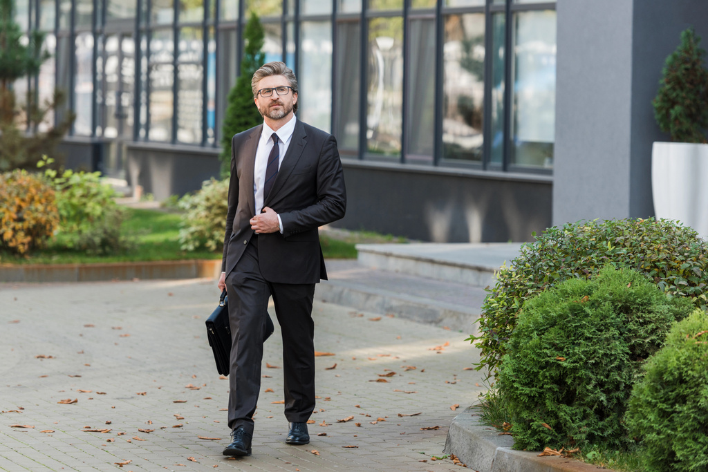 guapo diplomático en gafas sosteniendo maletín y caminando cerca del edificio
  - Foto, Imagen