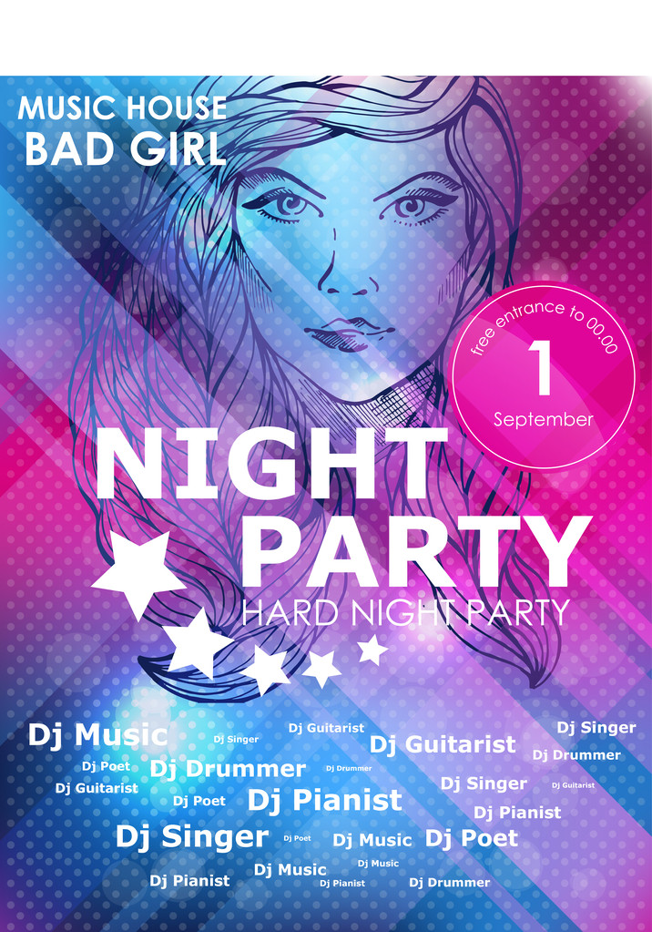 Cartel de diseño de fiesta de noche con chica de moda
 - Vector, imagen