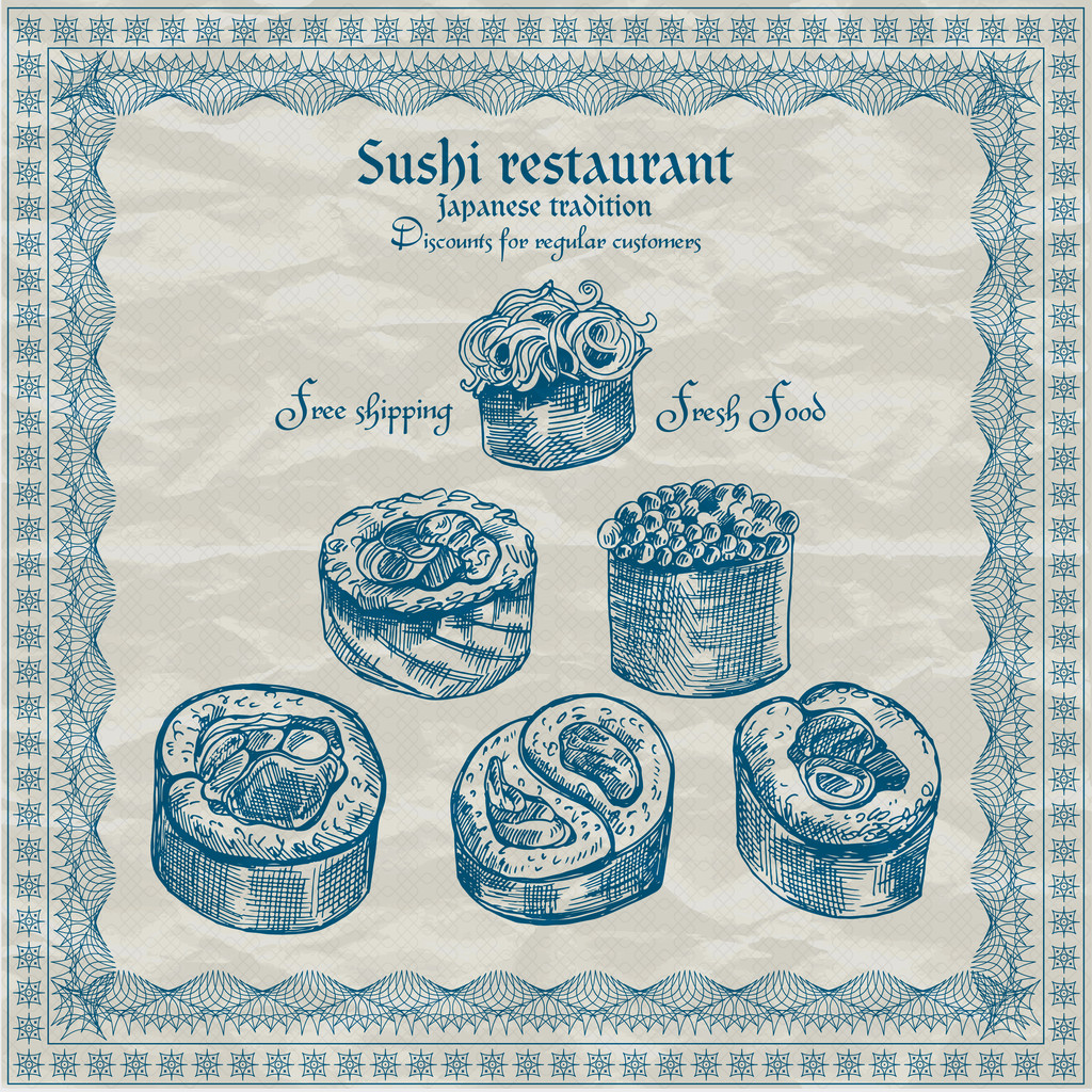 Vintage sushi restaurant afiş. vektör çizim - Vektör, Görsel