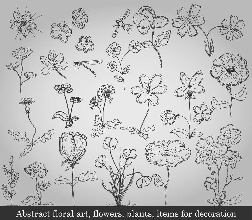Abstrakti kukka taidetta, kukkia, kasveja, kohteita koristeluun harmaalla pohjalla
 - Vektori, kuva
