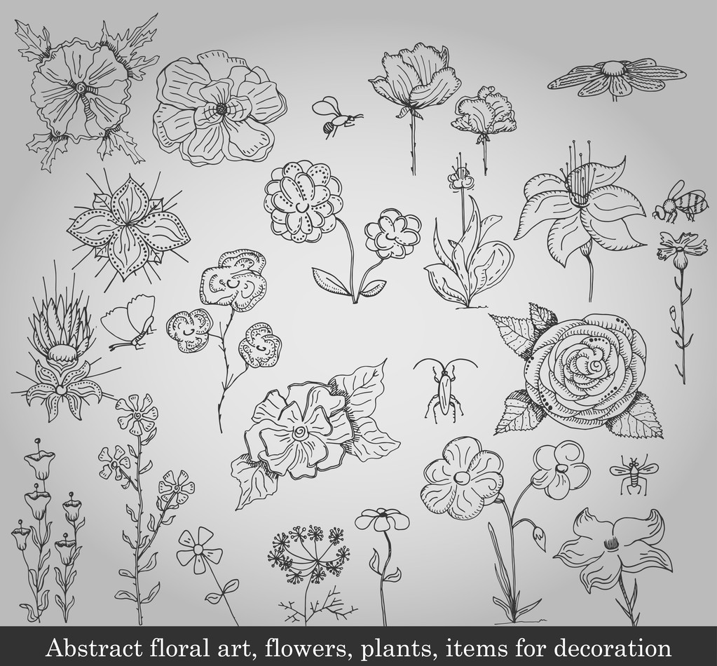Arte floral abstracto, flores, plantas, artículos para la decoración sobre fondo gris
 - Vector, Imagen