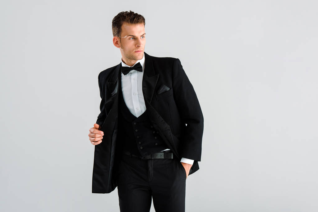 stylový muž v obleku a motýlka stojící s rukou v kapse izolované na šedé  - Fotografie, Obrázek