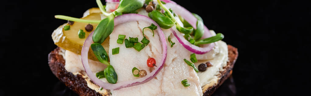 plano panorámico de cebollas y pescado de arenque en el delicioso sándwich de smorrebrod en negro
  - Foto, Imagen