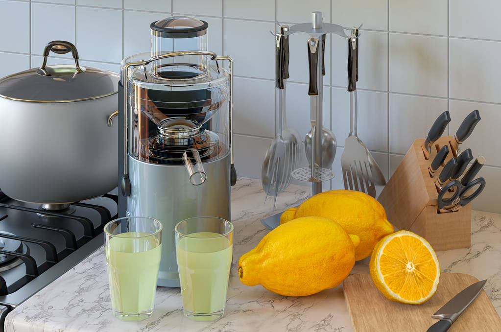 Lemon juice and electric juicer on kitchen table. 3D rendering - Photo, Image