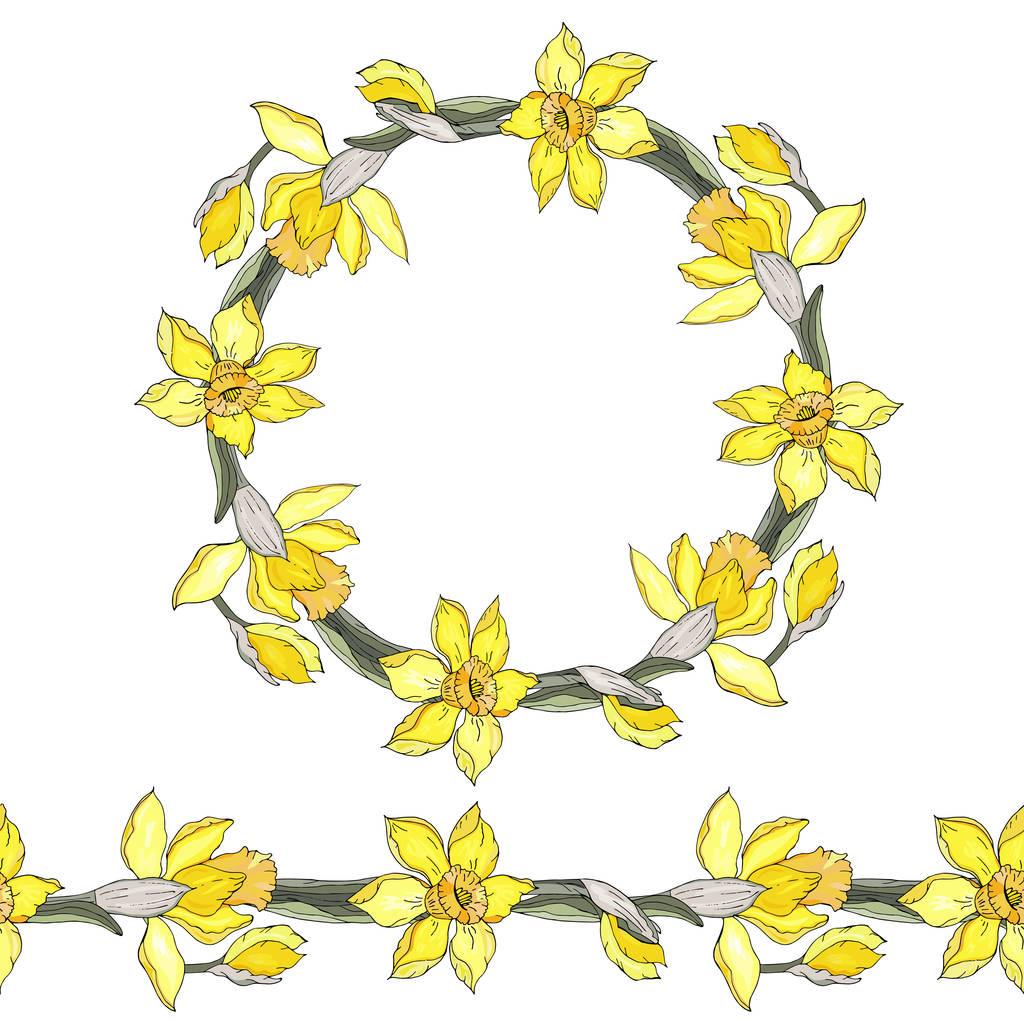 Round flower frame of daffodil. Seamless brush. - Vector, Image