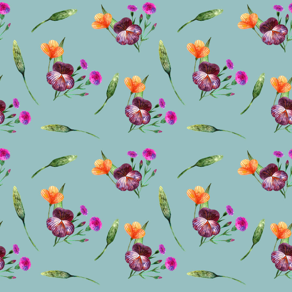 Watercolor wildflowers. Seamless pattern with bouquets and single flowers on a blue - Photo, Image