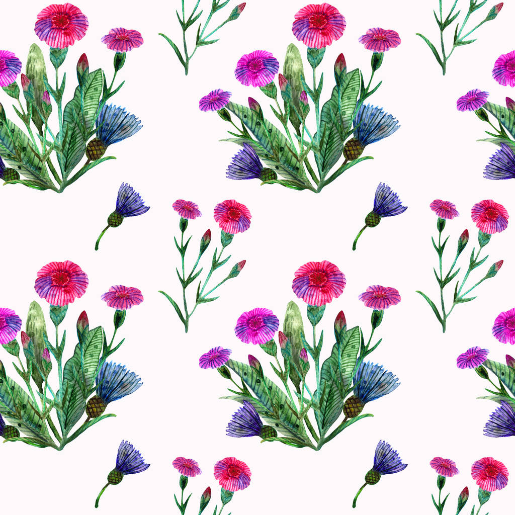 Акварельні дикі квіти. Безшовний візерунок з букетом рожевих гвоздик і синіх квітів
 - Фото, зображення