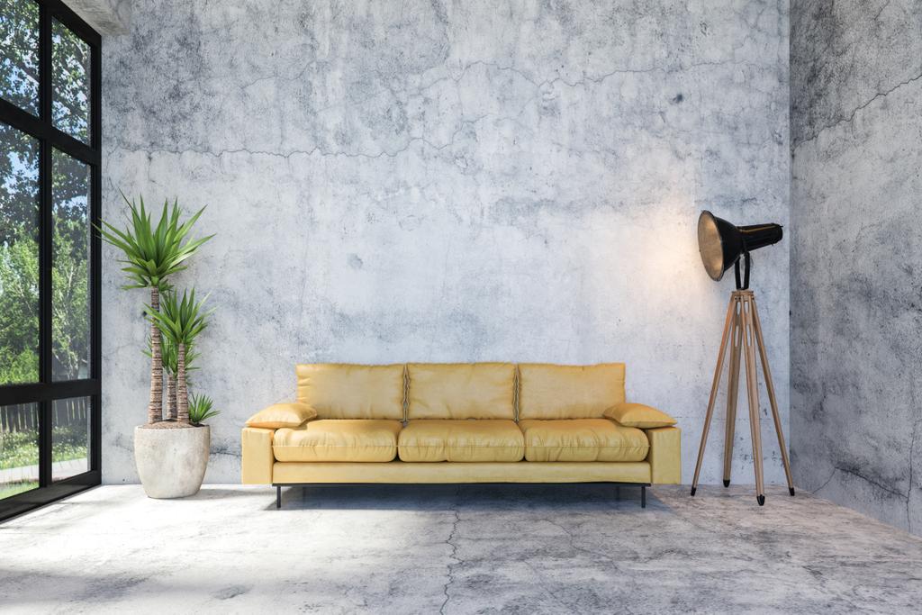 Interiér moderního podkrovního betonového obývacího pokoje s retro stylovým nábytkem a kopírovacím prostorem na stěně pro posměch, 3D vykreslování - Fotografie, Obrázek