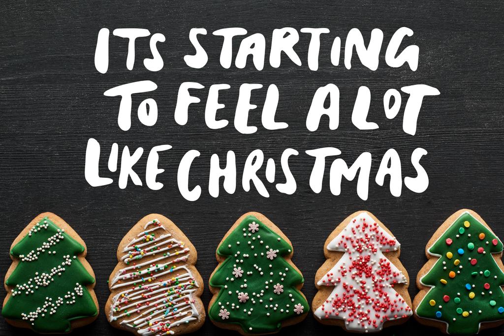 acostado plano con deliciosas galletas de árbol de Navidad esmaltadas sobre fondo negro con su comienzo a sentir mucho como la ilustración de Navidad
 - Foto, imagen