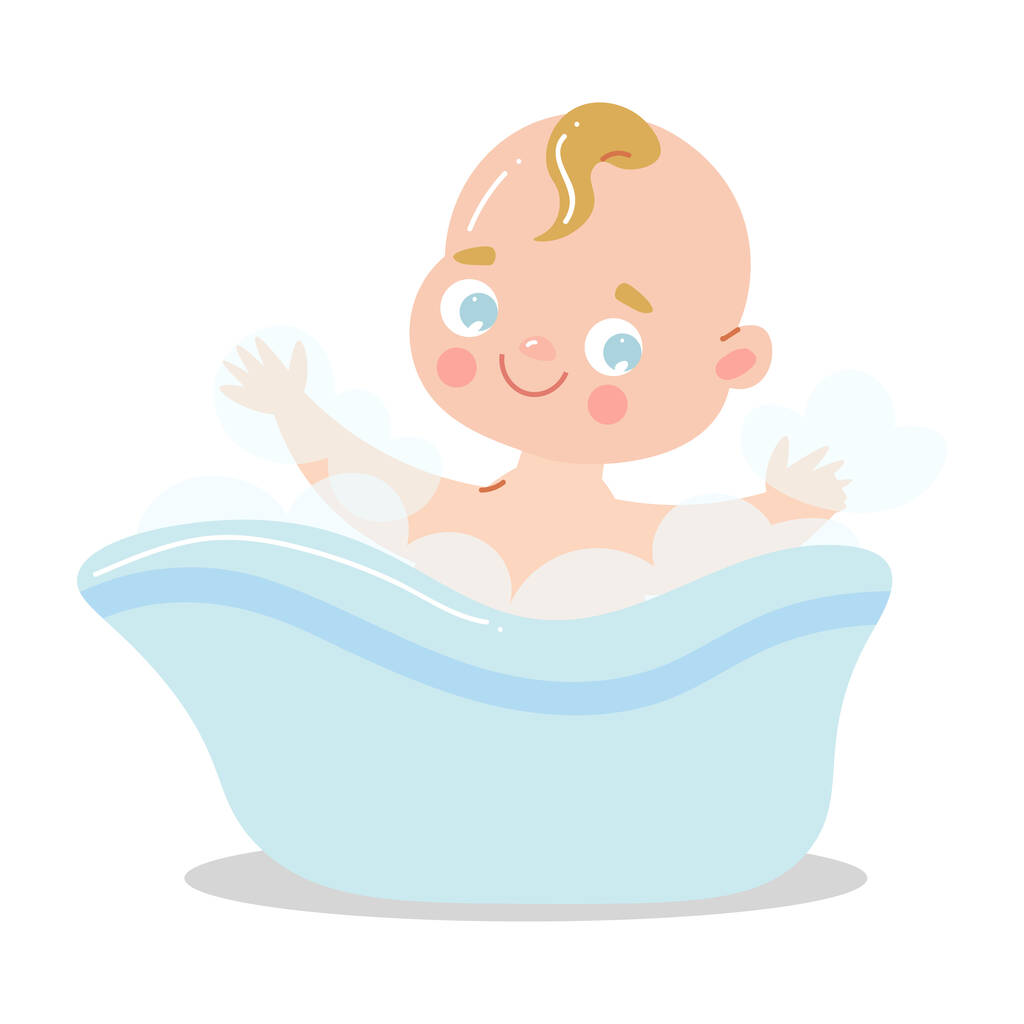Söpö onnellinen hymyilevä vauva kylvyssä leikkii vaahtokuplia. Vektori kuva tasainen sarjakuva tyyli
. - Vektori, kuva