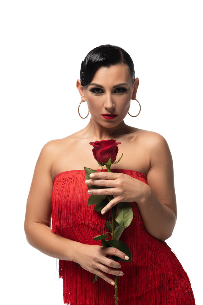 schöne, sinnliche Tangotänzerin, die in die Kamera blickt, während sie rote Rosen isoliert auf weiß hält - Foto, Bild