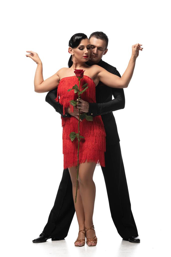 handsome, elegant dancer holding red rose and hugging attractive partner while performing tango on white background - Photo, Image