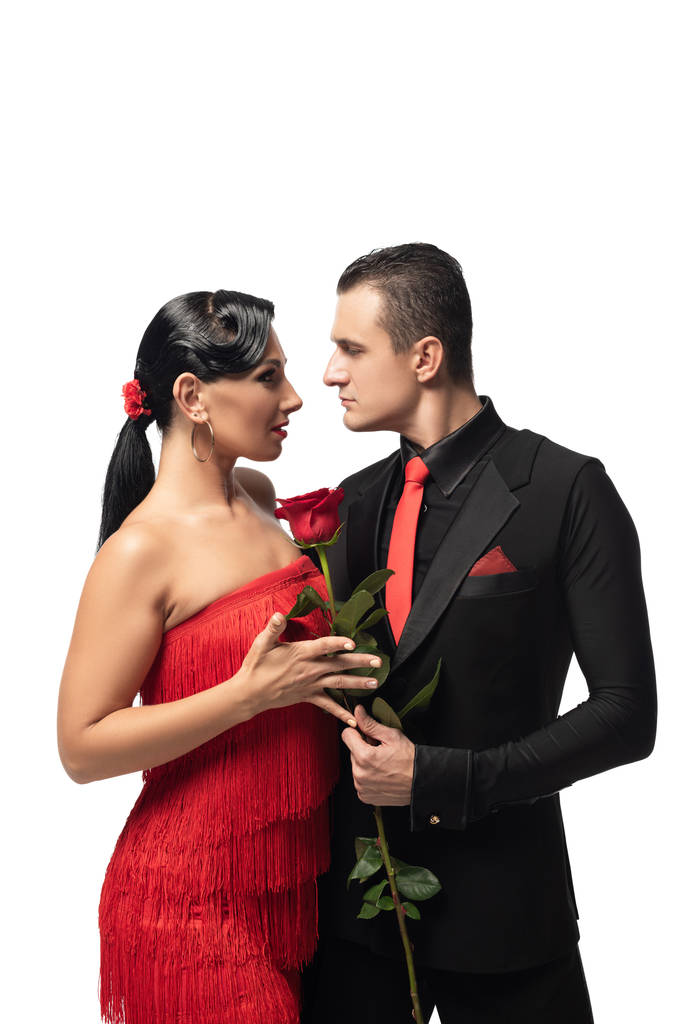 sensual, bailarina elegante regalando rosa roja a hermosa pareja aislada en blanco
 - Foto, imagen